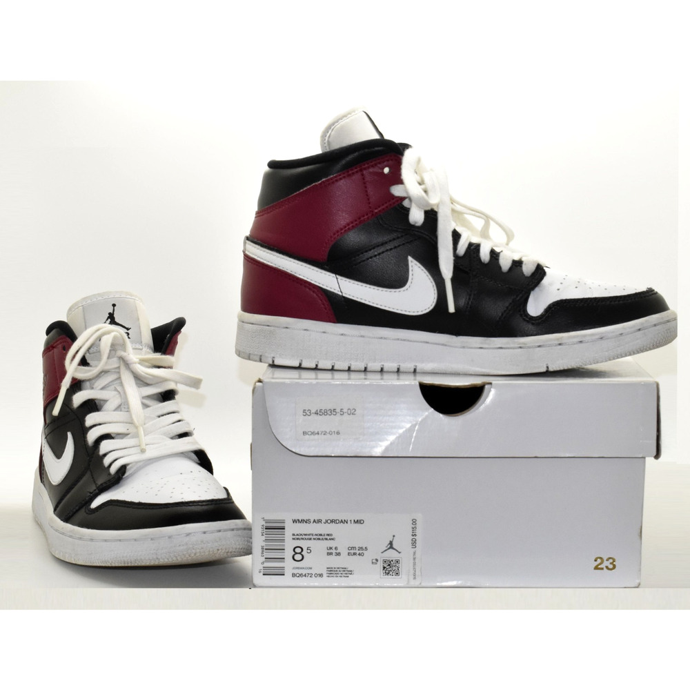 B2 Auth NIKE AIR JORDAN 1 MID Black/White-Noble Red Shoes BQ6472-016 Size 8.5